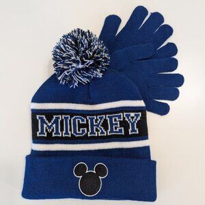 New Mickey Mouse Blue Pom Beanie hat with mini stretch gloves